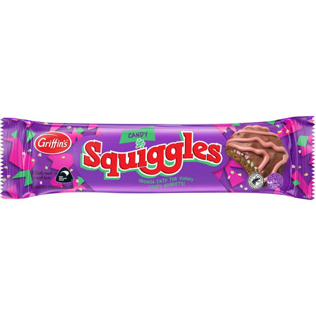 A box of Griffins Squiggles Chocolate Biscuits featuring unique squiggly shapes and a rich chocolate coating.