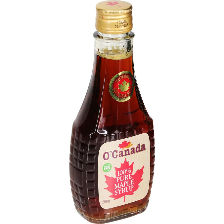 Bottle of O Canada Maple Syrup, 100% pure and gluten-free, perfect for drizzling on pancakes or enhancing recipes.