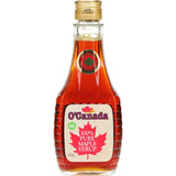 O Canada Maple Syrup in a bottle, showcasing its pure, gluten-free richness perfect for pancakes and baking.