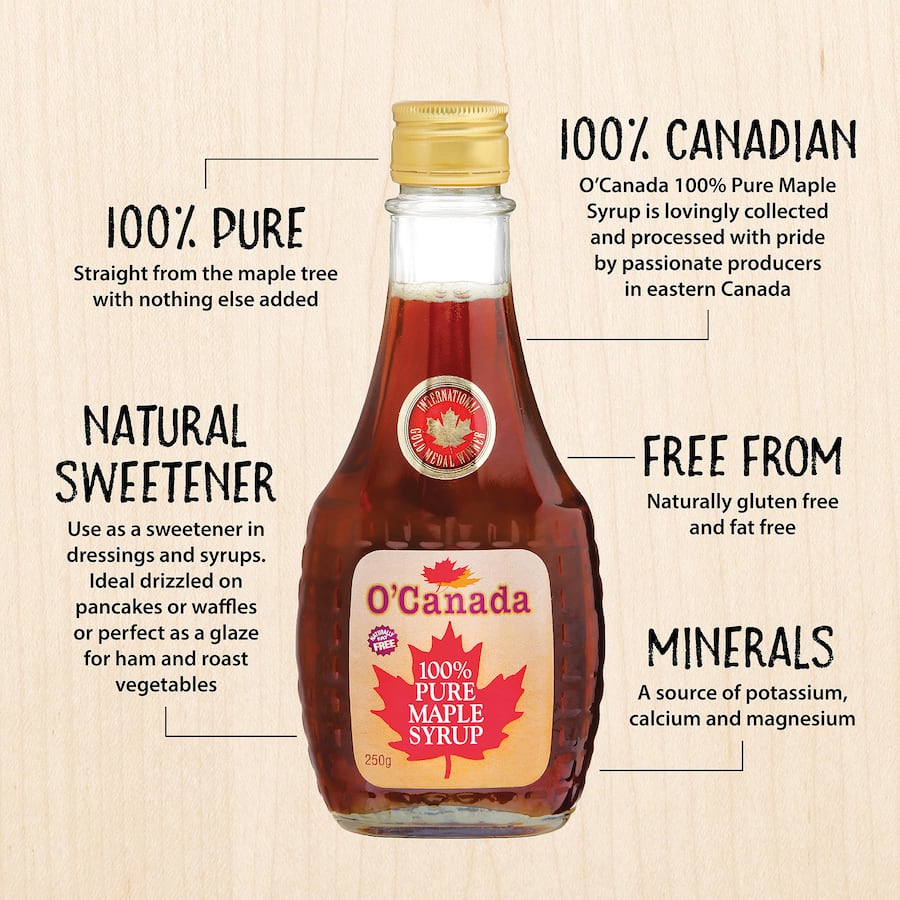 Rich and pure O Canada Maple Syrup, gluten-free, perfect for pancakes, baking, and sweetening dishes.