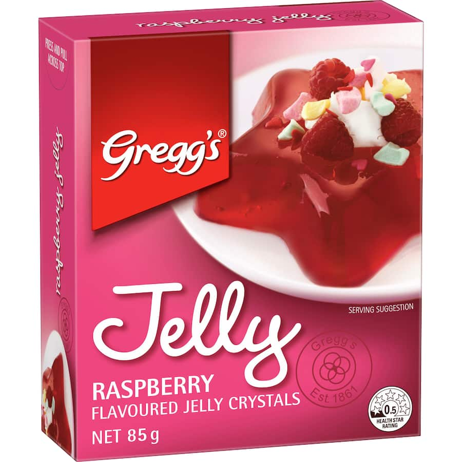 Greggs Raspberry Jelly mix, an easy-to-make dessert ingredient that adds fruity flavor to treats and pairs well with chocolate.