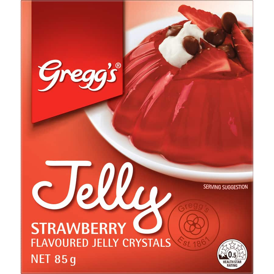 Greggs Jelly Strawberry mix, quick to prepare, perfect for desserts like trifles and lamingtons with a burst of strawberry flavor.