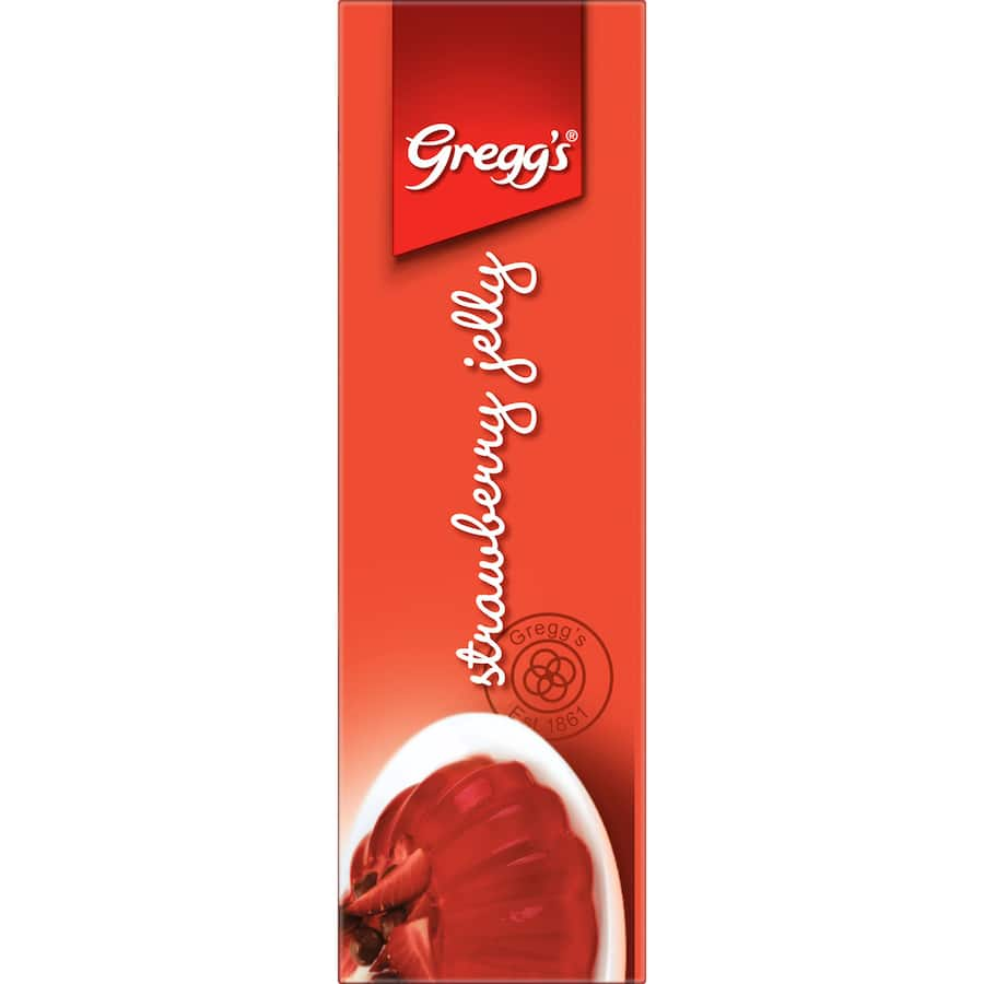 A vibrant package of Greggs Jelly Strawberry, featuring easy-to-make jelly crystals for fruity desserts like lamingtons.