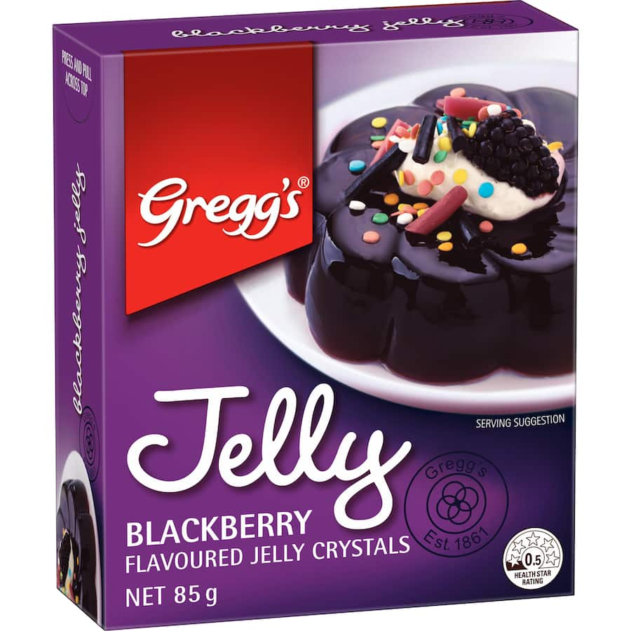 Blackberry jelly crystals from Greggs for quick, easy desserts; perfect for a delicious yoghurt berry jelly.