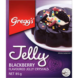 Delicious Greggs Blackberry Jelly crystals for quick, family-friendly desserts bursting with rich blackberry flavor.