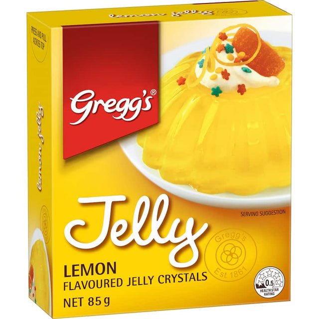 Greggs Jelly Lemon, a lemon-flavored jelly mix, perfect for easy desserts like lemon cheesecake for family gatherings.