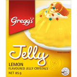 Bright yellow Greggs Jelly Lemon crystals, perfect for easy lemon desserts like cheesecakes; just add boiling water to prepare.