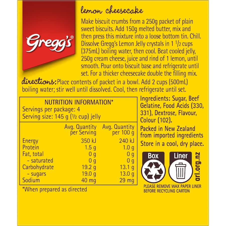 Greggs Jelly Lemon: Instant lemon-flavored jelly crystals for easy dessert preparation, perfect for cheesecakes and summer gatherings.