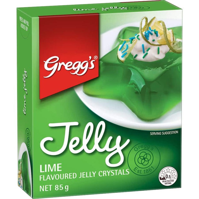 Zesty Gregg's Lime Jelly crystals, easy to dissolve, ideal for versatile desserts and family treats.