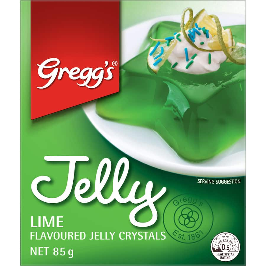 Gregg's Lime Jelly crystals dissolve easily in boiling water; ideal for creating zesty desserts and family treats.