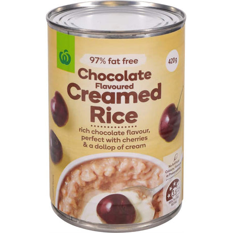 Woolworths Creamed Rice Chocolate, a thick, creamy dessert with rich chocolate flavor, 97% fat-free, perfect for guilt-free snacking.