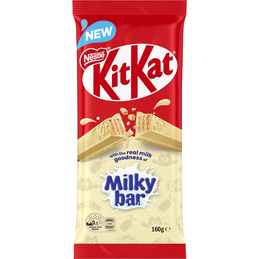 Nestle Chocolate Kit Kat Milkybar features crispy wafer paired with smooth Milkybar white chocolate in a 160g block.