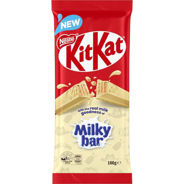 Nestle Chocolate Kit Kat Milkybar features crispy wafer paired with smooth Milkybar white chocolate in a 160g block.