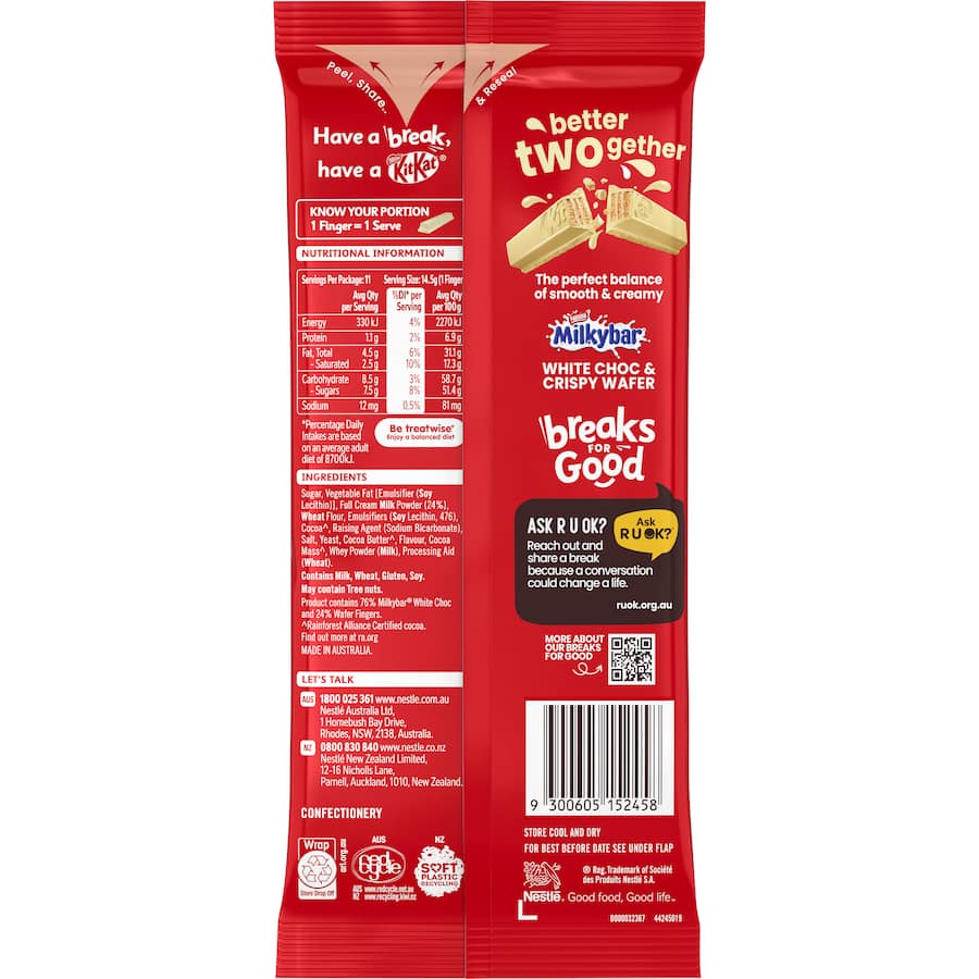 Nestle Chocolate Kit Kat Milkybar combines crispy wafer with creamy Milkybar white chocolate in a 160g shareable treat.