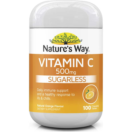 Sugar-free chewable vitamin C tablets from Natures Way, promoting immune health and collagen production for all ages.