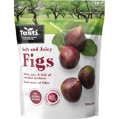 Moist, ready-to-eat Tasti Figs in a resealable pack, perfect for healthy snacking or adding to recipes.