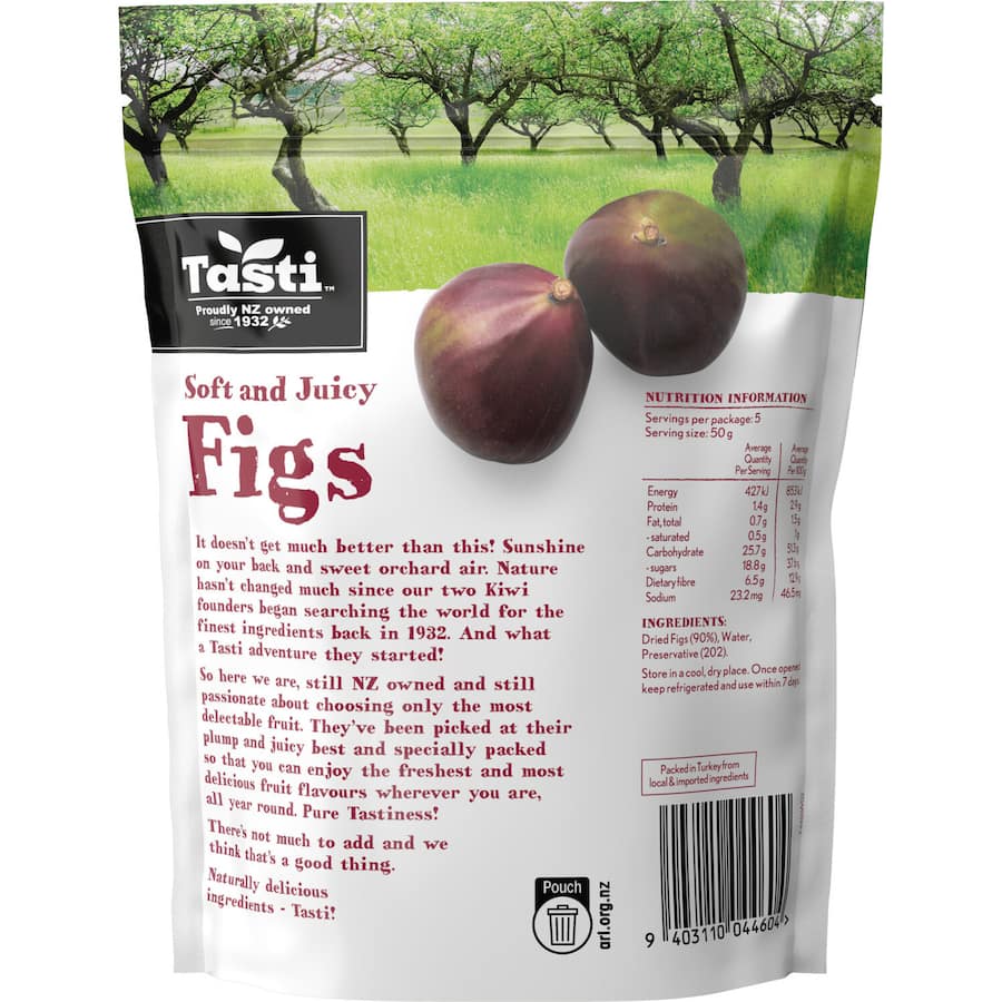 Moist and juicy Tasti Figs in a resealable pack, perfect for snacking, baking, and adding nutritional value to meals.