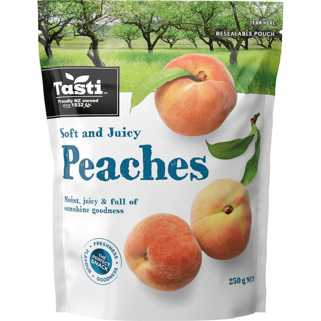 Moist, juicy Tasti Peaches in an easy-open pack, perfect for snacking, baking, and adding sweetness to meals.