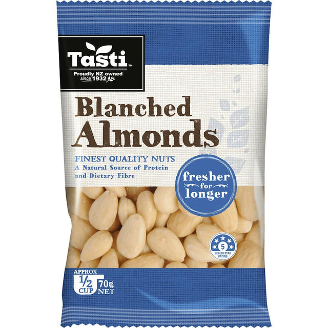 Blanched Tasti Almonds, nutritious and versatile, perfect for snacking, baking, and healthy recipes. Gluten-free superfood snack.