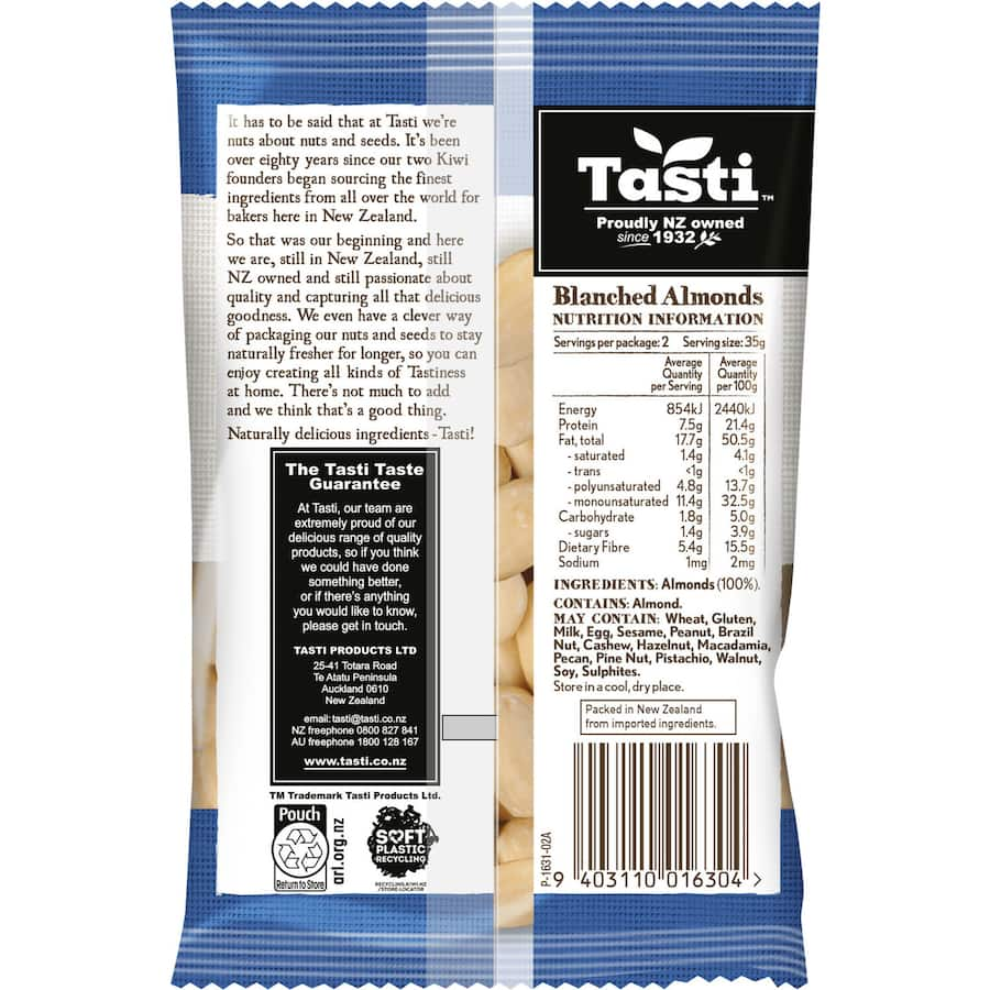 Blanched Tasti Almonds, perfect for snacking, baking, and packed with protein and essential nutrients.