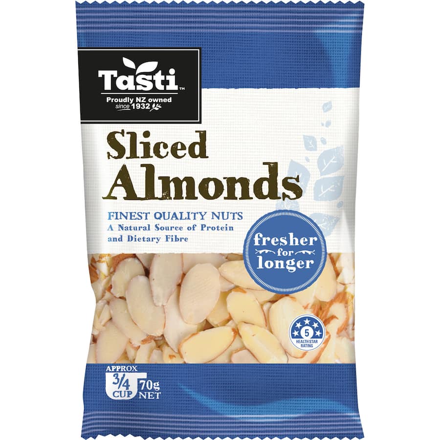 Sliced Tasti Almonds in a package, ideal for baking, toppings, and a nutritious snack option, gluten-free and protein-rich.