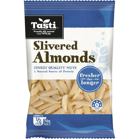 Toasted slivered almonds in a bag, perfect for healthy snacking, baking, and enhancing meals with rich flavor and crunch.