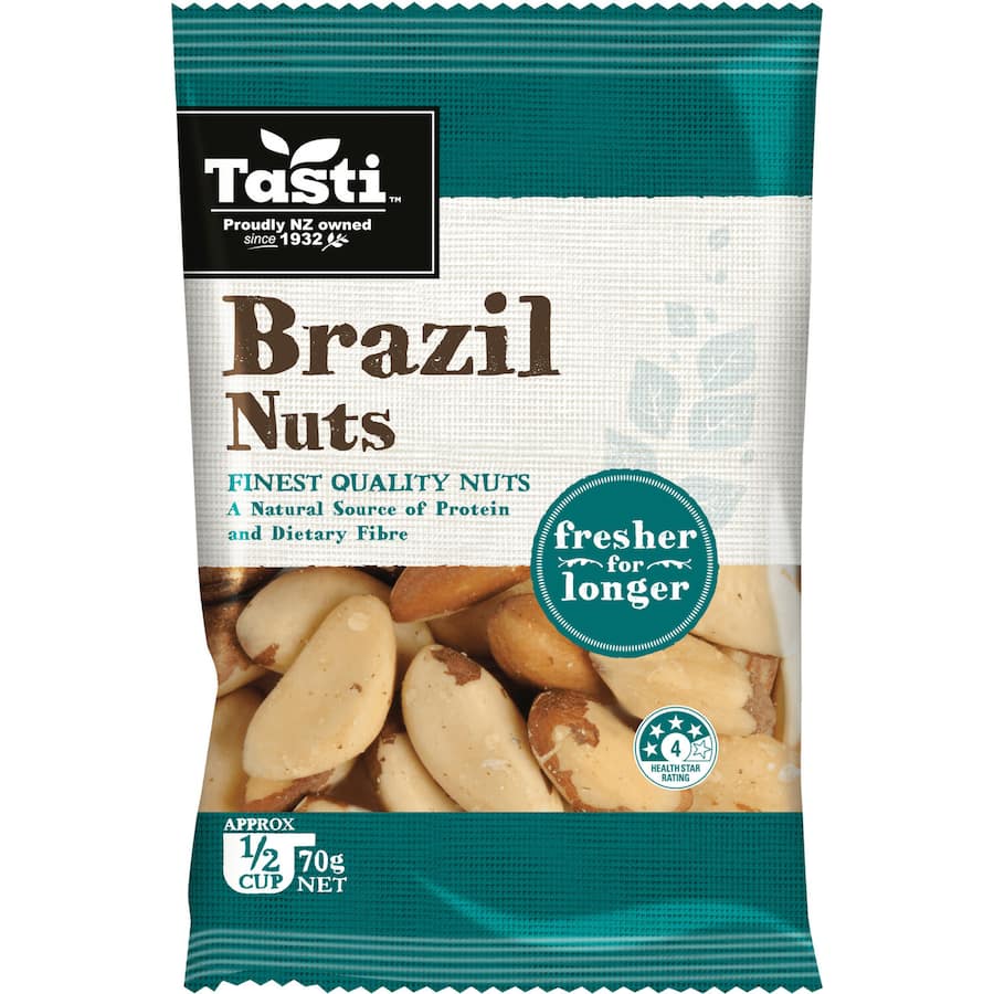 A bag of Tasti Brazil Nuts, showcasing their rich flavor and health benefits for nutritious on-the-go snacking.