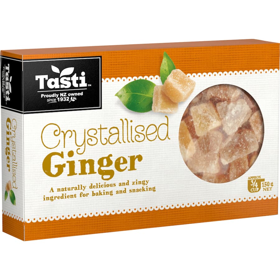 Tasti Ginger Preserved jar filled with sweet, vibrant ginger, ideal for enhancing baking, cooking, and snacking.