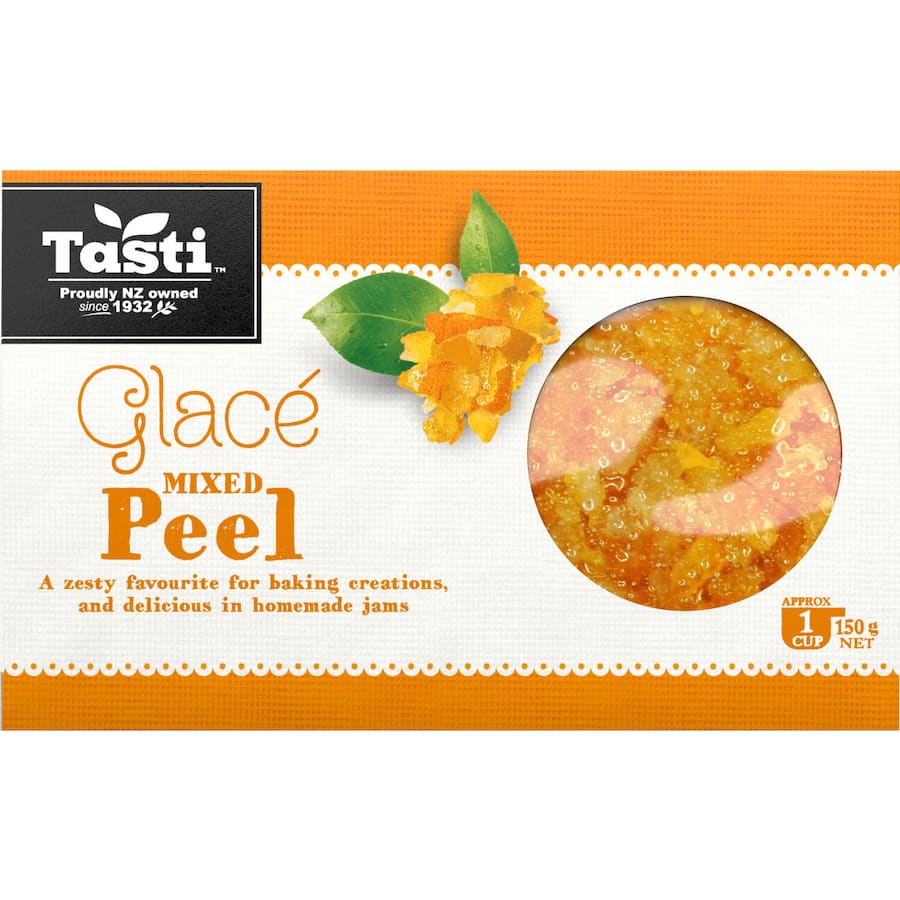 Colorful Tasti Mixed Peel Premium, featuring candied orange, lemon, and citron for flavorful baking and jam-making.