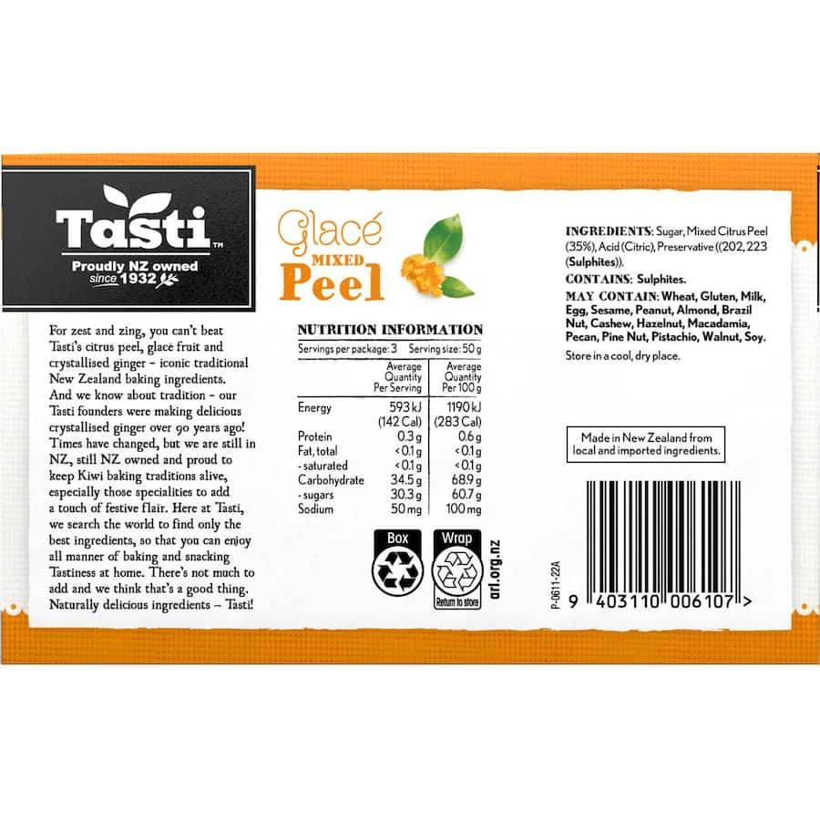 Tasti Mixed Peel Premium features vibrant candied citrus peels for adding zesty flavor to cakes, breads, and desserts.