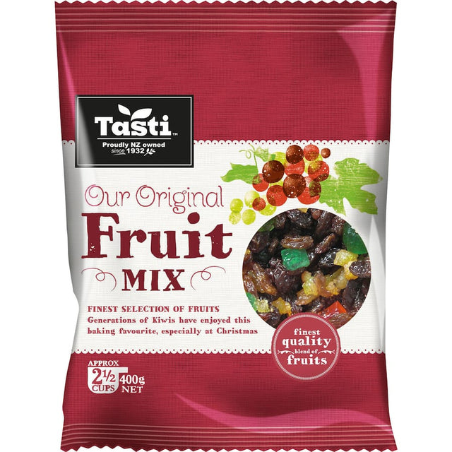 A colorful mix of vine fruits like sultanas, raisins, and currants with candied citrus peels for a flavorful snack.