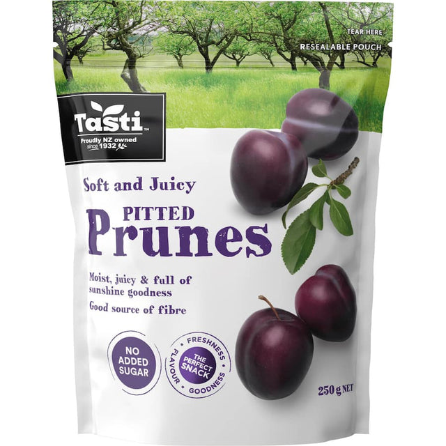 Moist and juicy Tasti Prunes in a resealable pack, perfect for snacking, baking, and cooking with natural sweetness.