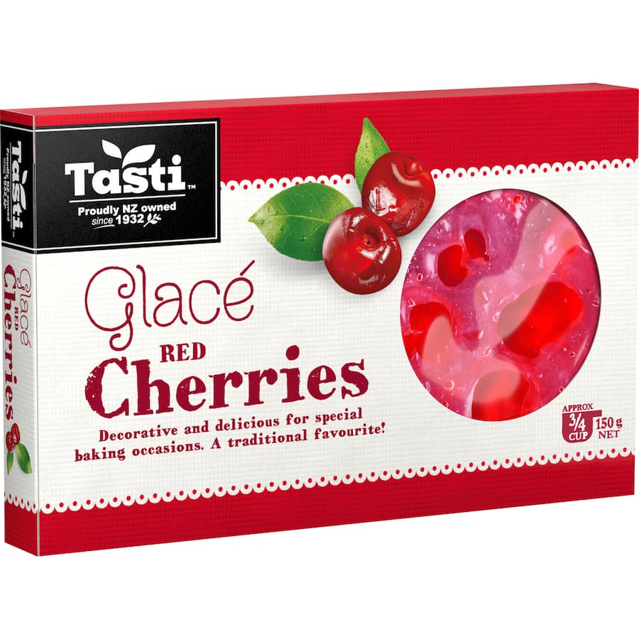 Vibrant Tasti Red Glace Cherries, ideal for decorating cakes and desserts with a sweet, chewy texture.