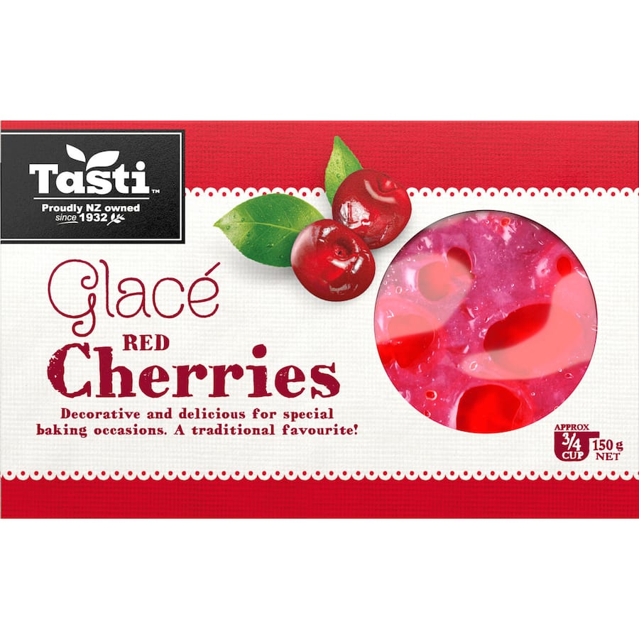 Vibrant Tasti Cherries Red Glace, sweet and chewy, perfect for decorating cakes and enhancing desserts.