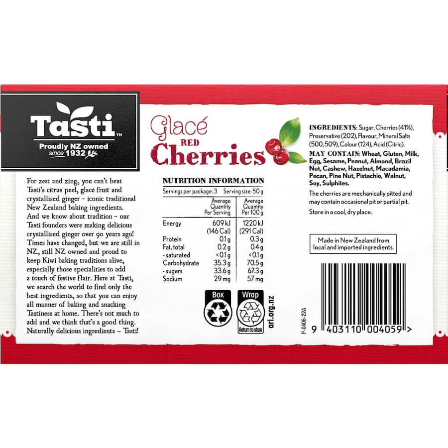 Vibrant Tasti Cherries Red Glace, sweetened cherries perfect for baking, decorating desserts, and adding a festive touch.