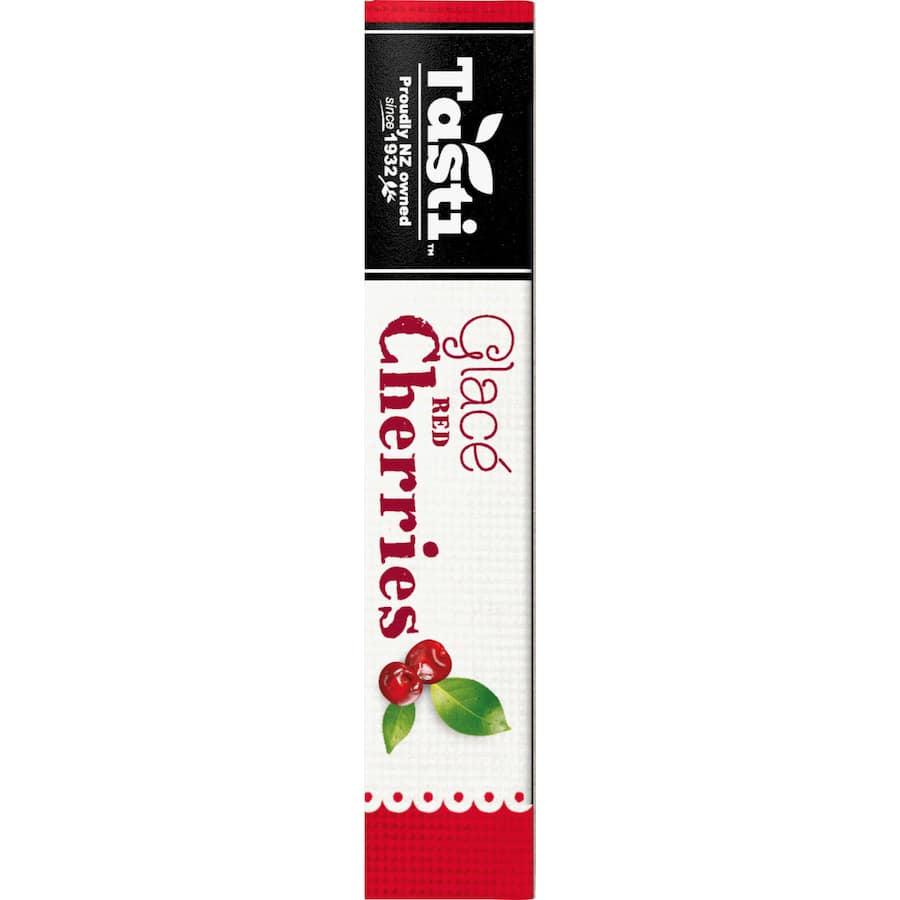 Vibrant Tasti Cherries Red Glace, perfect for enhancing desserts, cakes, and cold treats with color and sweetness.