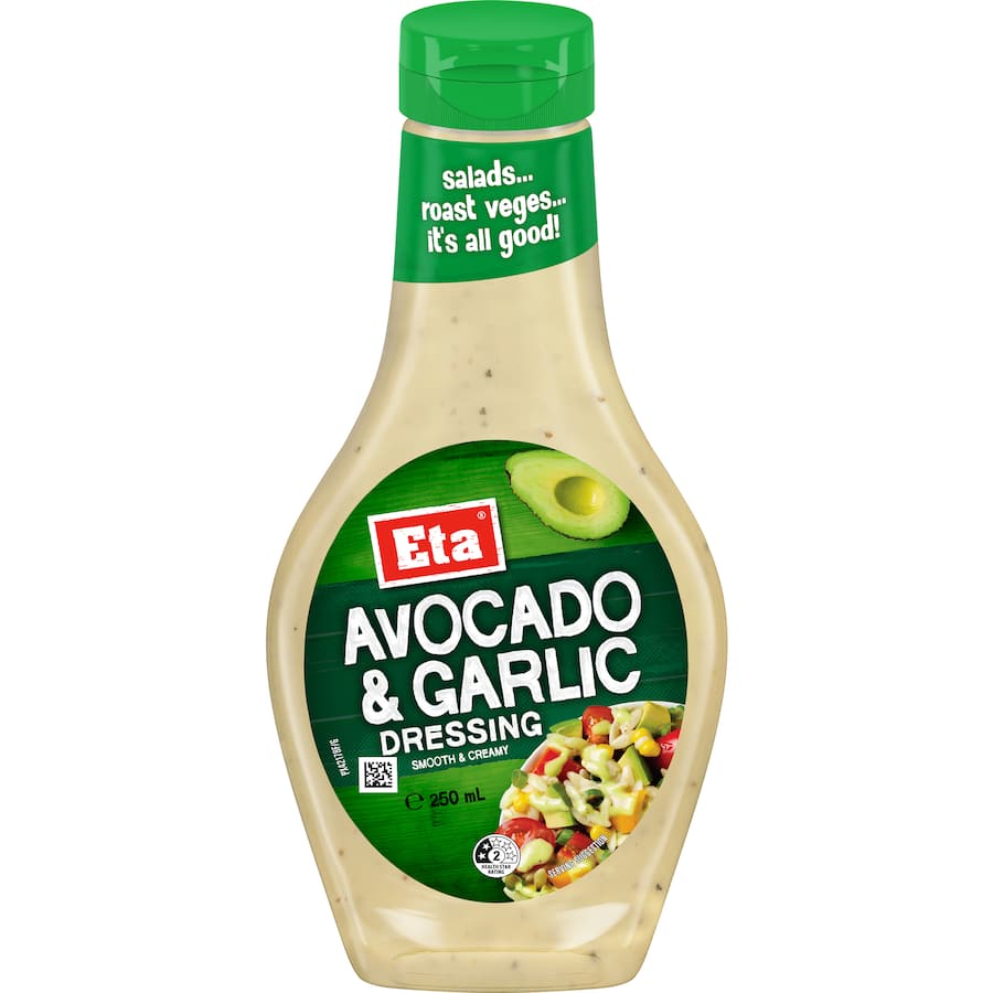 Creamy Eta Avocado & Garlic Dressing in a bottle, perfect for salads, pasta, and enhancing grilled chicken dishes.