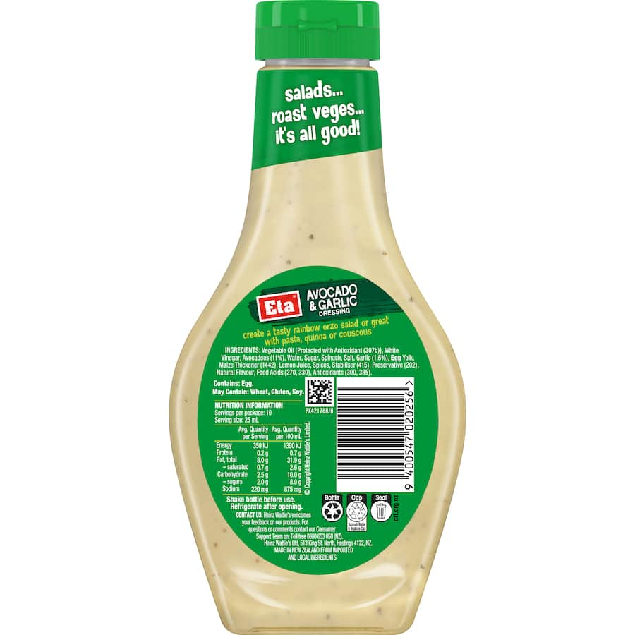 Creamy Eta Avocado & Garlic Dressing, perfect for salads, pasta, and enhancing grilled dishes with rich flavors.