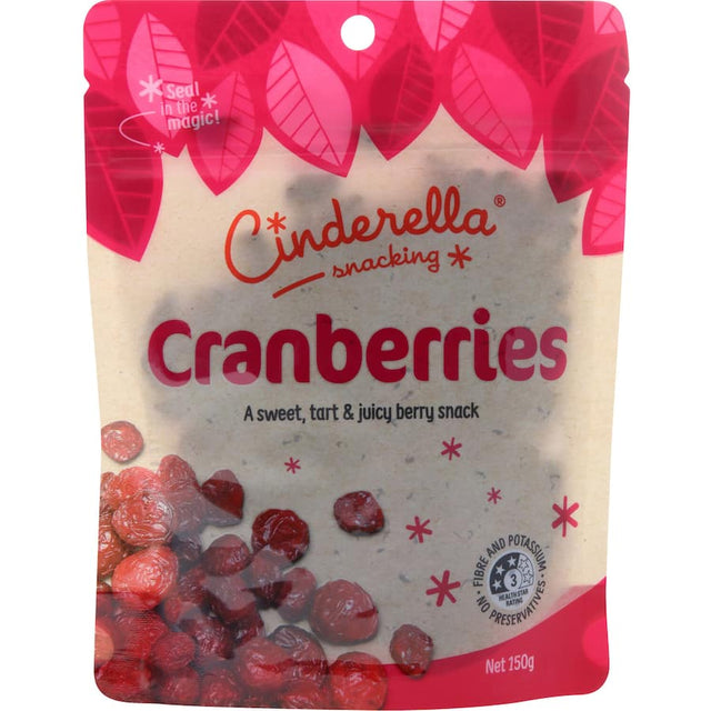 Resealable pouch of tangy-sweet Cinderella Cranberries, perfect for snacking or enhancing baking and salads.