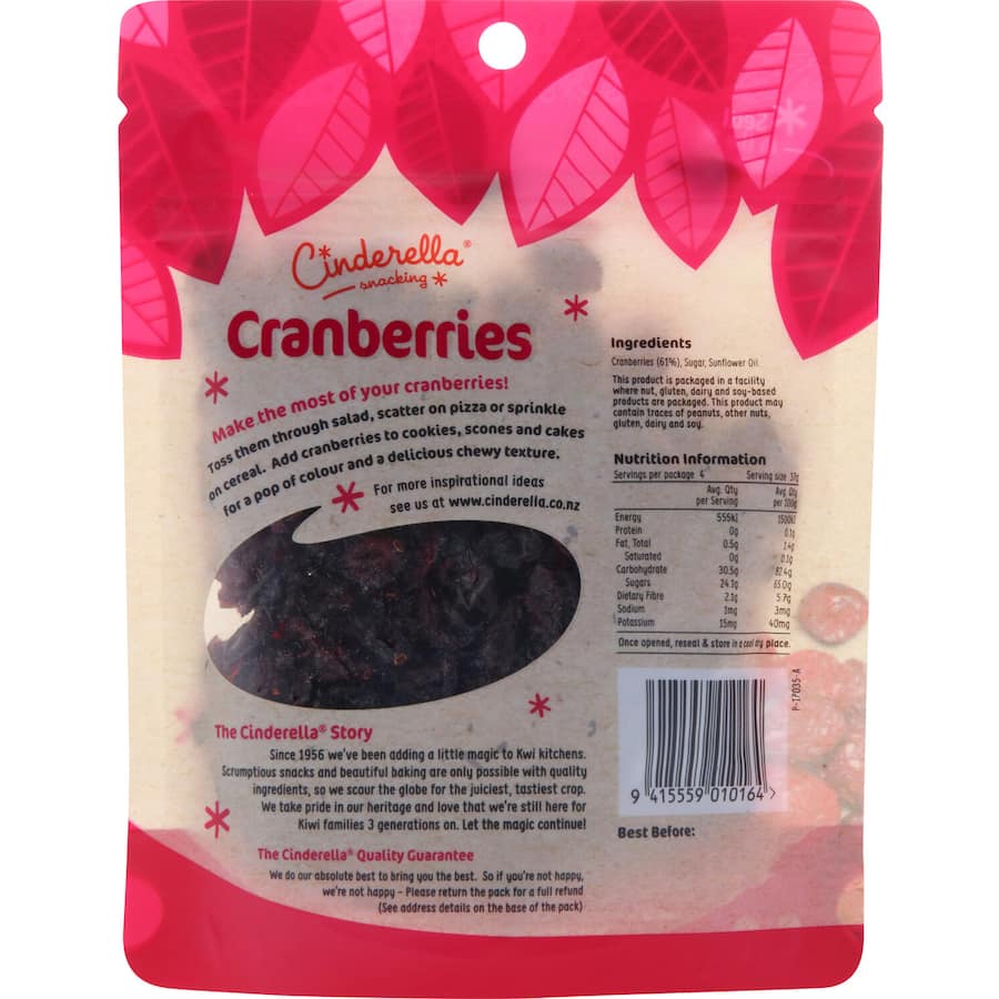 Resealable pouch of Cinderella Cranberries, featuring ruby-red dried cranberries ideal for snacking or enhancing recipes.