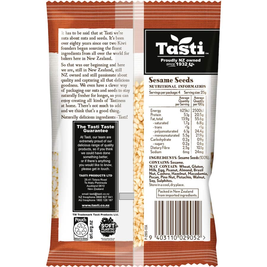 A bag of Tasti Sesame Seeds, rich in protein and fiber, perfect for enhancing the flavor of various dishes.