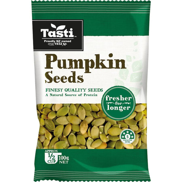 Tasti Pumpkin Seeds: nutritious, crunchy snack loaded with protein, fiber, and healthy fats for energy and heart health.