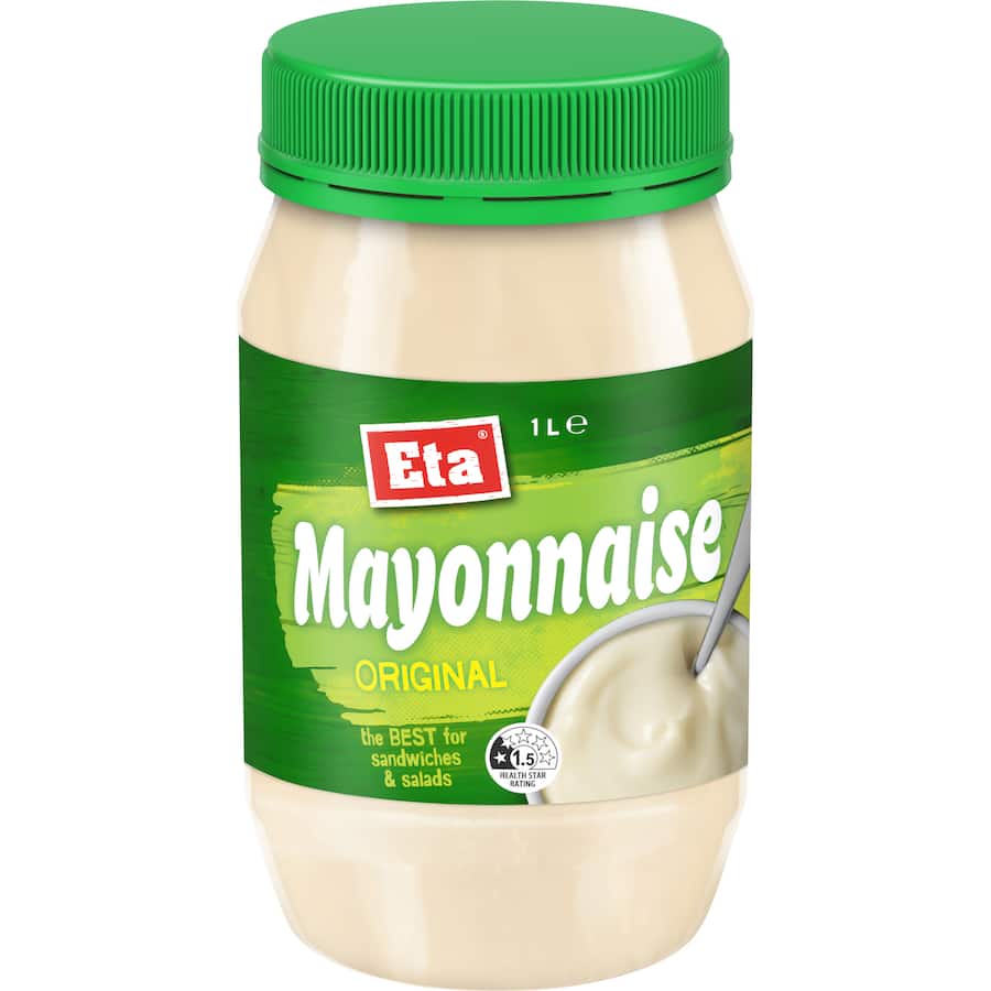 A jar of Eta Mayonnaise Original, creamy and versatile, perfect for elevating sandwiches, salads, and dips.