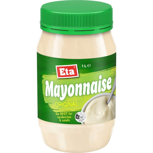 A jar of Eta Mayonnaise Original, creamy and versatile, perfect for elevating sandwiches, salads, and dips.