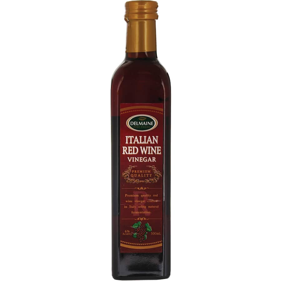 Delmaine Red Wine Vinegar bottle showcasing its rich flavor, perfect for Mediterranean dishes and marinades.