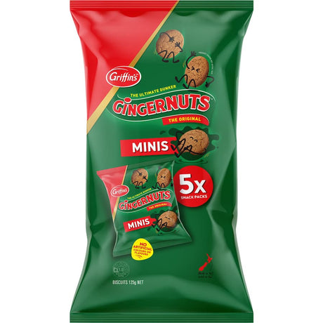 A 125g package of Griffins Gingernut Minis, featuring crunchy, zesty ginger-flavored biscuits, perfect for on-the-go snacking.