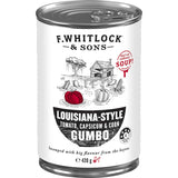 F. Whitlocks & Sons Louisiana Style Gumbo canned soup, featuring tomatoes, capsicum, and corn for a quick, flavorful meal.