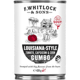 Canned F. Whitlocks & Sons Louisiana Style Gumbo featuring tomatoes, capsicum, and corn for a quick, flavorful meal.