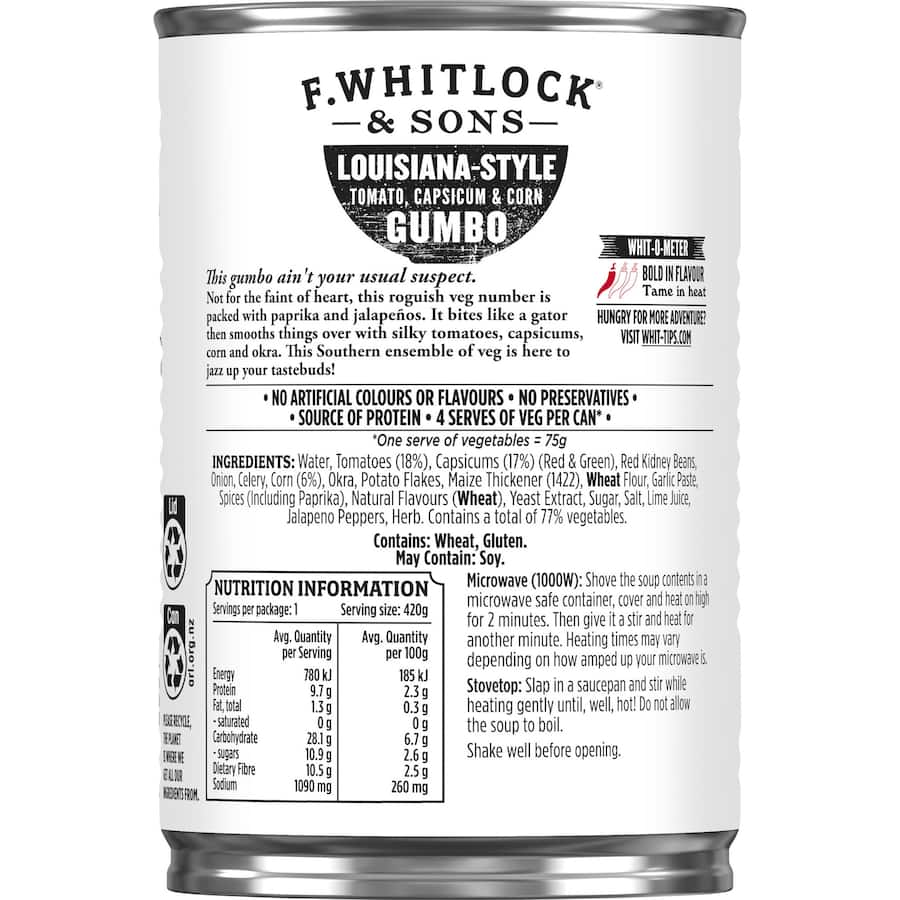 Canned F. Whitlocks & Sons Louisiana Style Gumbo featuring tomatoes, capsicum, and corn for a flavorful, easy meal.