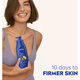 Nivea Body Lotion Rich Firming Q10 in a pump bottle, hydrates dry skin for 48 hours, firms and revitalizes with Q10 and Vitamin C.